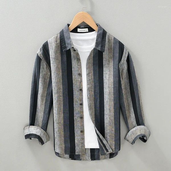 Männer Casual Hemden Japan Stil Frühling Streifen Leinen Langarm Lose Männer Outdoor Atmungsaktive Dünne Kleidung M-3XL