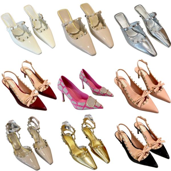 Designer-Sandalen, stilvolle Hausschuhe, Marken-High-Heels, luxuriöse Damen-Kleiderschuhe aus Lackleder, klassische mehrfarbige Nieten-High-Heel-Sandalen, schwarz-roter Party-Hochzeitsschuh