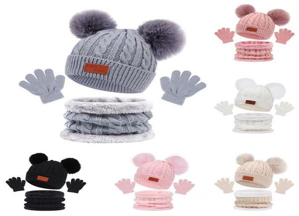 3PCS Baby Mütze mit Schal Winter gestrickte Baumwolle Kleinkind Mütze für Kinder Junge Mädchen Säugling Haarball Motorhaube Schal Set Warm Accessories5171697