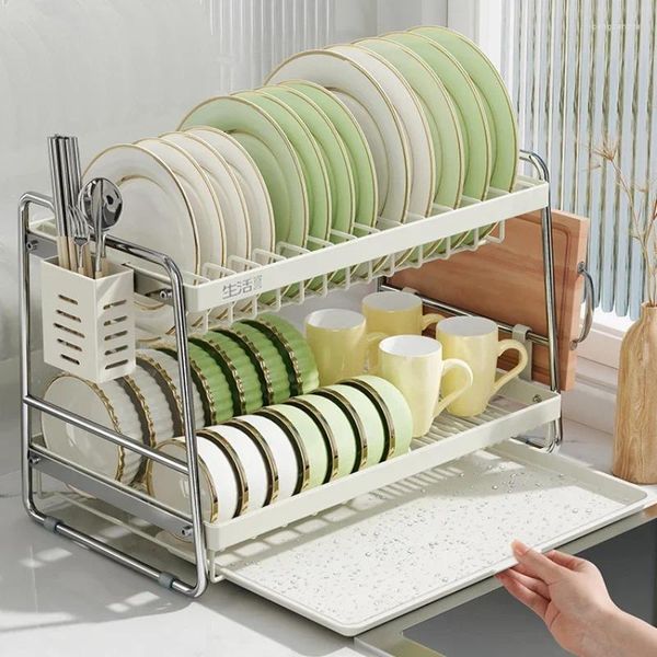 Contenitori per cucina Scolapiatti multifunzionale Rack in acciaio inossidabile Telaio estraibile Portaposate Cestino a griglia multistrato