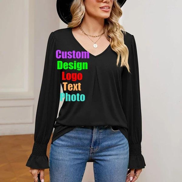 Damen T-Shirts Europa, die Vereinigte Staaten Solid Color Long Sleeve Shirt Fashion Casual V-Ausschnitt Taille Lose Custom Logo