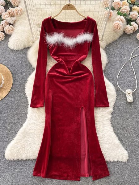 Повседневные платья YuooMuoo, романтическое меховое лоскутное женское бархатное длинное платье, сексуальное платье с бедрами, халаты с высоким разрезом, красное, черное, для рождественской вечеринки