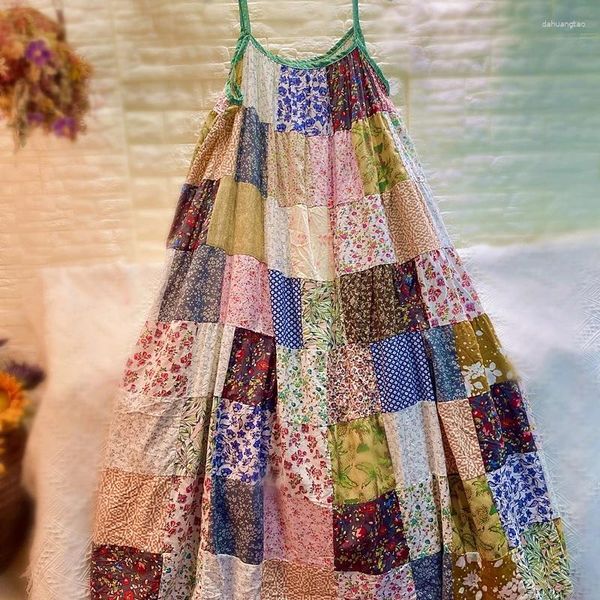 Lässige Kleider Sommer Baumwolle Leinen Spaghettiträger Lange A-Linie Swing Maxikleid Damen Strand Vintage Boho Gypsy Hippie Ibiza Layered Sundress