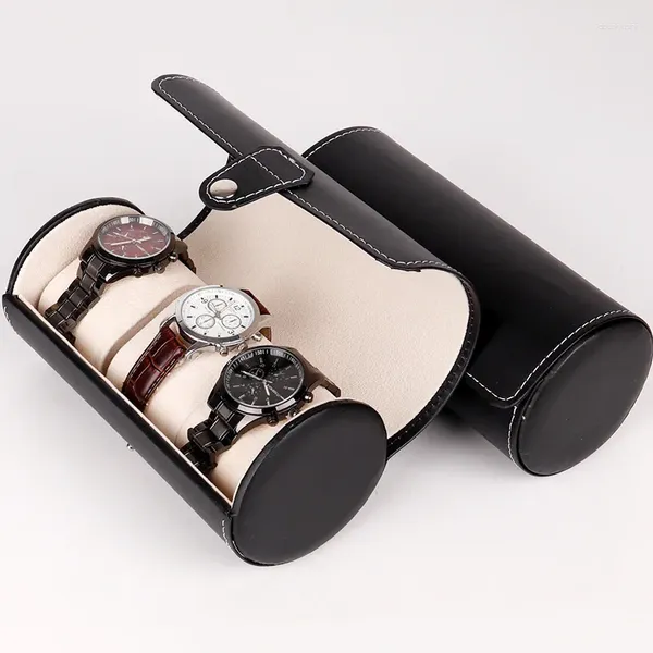 Scatole per orologi 3 griglie Cilindro portaoggetti Portaoggetti da viaggio in pelle PU vintage Custodia da polso per esposizione di gioielli