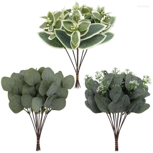 Flores decorativas 12 pcs folhas de eucalipto artificial ramo de planta folha falsa para festa em casa jardim de casamento diy buquê de noiva pano de fundo parede