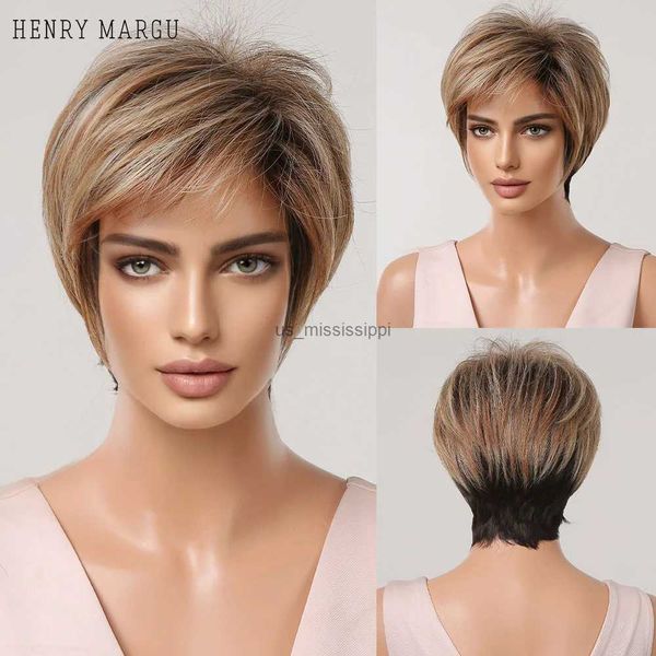 Synthetische Perücken HENRY MARGU Kurze synthetische Perücke für schwarze Frauen Layered Cut Hair Perücken mit Pony Dark Root Blonde Brown Ombre Perücke HitzebeständigL240124