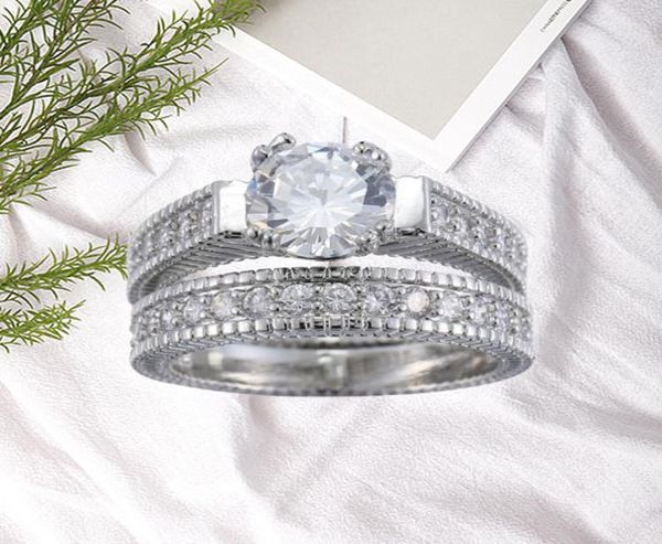 Anéis de casal conjunto de combinação de anel de platina duplo com zircão de diamante combinando material de zircão de cobre peso cerca de 8 g tamanho 6 124454775