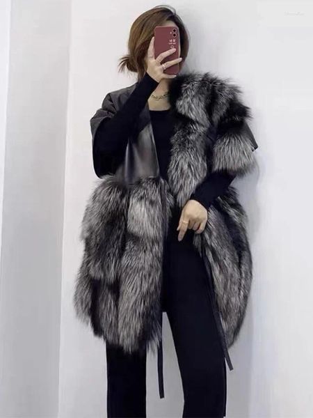 Moda feminina de couro 2023 inverno alta qualidade luxo real prata pele genuína pele carneiro oversize solto manga curta casaco