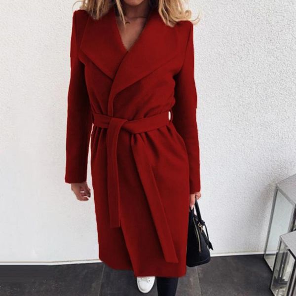 Trench da donna Cappotto in lana con risvolto da donna Giacca di media lunghezza da donna Parka lungo soprabito con lacci Abito femminile alla moda