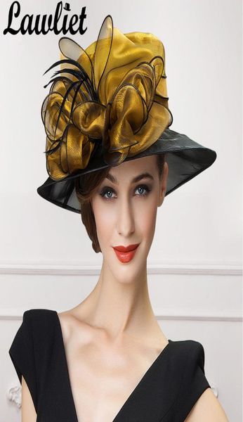 Lawliet donne di lusso Fascinators Organza Bow Cappelli da sole Oro Grigio Tesa larga Lady Kentucky Derby Race Cappelli da sposa Sposa Mom039s H5257891
