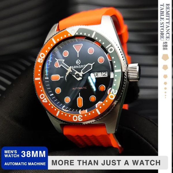 Armbanduhren PARNSRPE – Automatische mechanische Herrenuhr in Orange, Japan, NH36, leuchtend, modisch, mit Saphir beschichtet, wasserdicht, gebürsteter Edelstahl