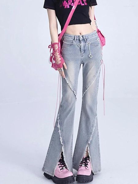 Calças de brim femininas cintura alta para mulheres moda coreana fenda streetwear estilo cintura flare calças vintage esfregando denim