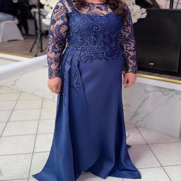 2024 Aso Ebi Arabisch Marineblau Gerade Mutter der Braut Kleider Satin Perlen Spitze Abend Prom Formelle Party Geburtstag Promi Kleider für die Mutter des Bräutigams Kleid ZJ045