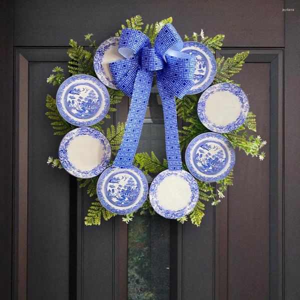 Dekorative Blumen Fensterkranz Chinesischen Stil Keramik Schleife Dekor Rattan Fake Leaf Tür Exquisite Runde Wandbehang Zuhause Hochzeit Bauernhaus