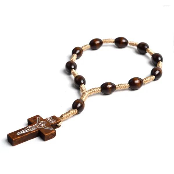 Charme pulseiras religiosa marrom oração católica rosário puro sólido de madeira jesus cruz pingente jóias presente