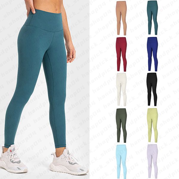 Lu Calças femininas de ioga com bolso interno na cintura Moda leggings com nervuras Calças apertadas de treinamento elástico alto Calças justas listradas Calças de exercício A-40