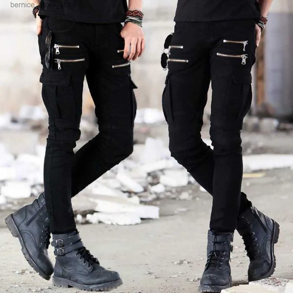 Мужские джинсы Мотоциклетные джинсовые брюки Мужские черные джинсы Модные эластичные джинсы скинни на молнии Плиссированные мотобайкерские мужские узкие брюки Горячие продажи Q231213