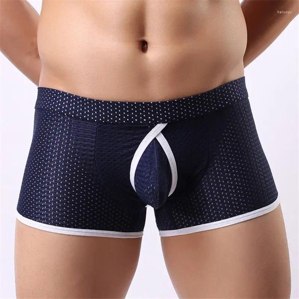 Cuecas homens roupa interior nylon gelo respirável malha exterior anéis boxers shorts cueca gay masculino sexy calcinha fina sem costura