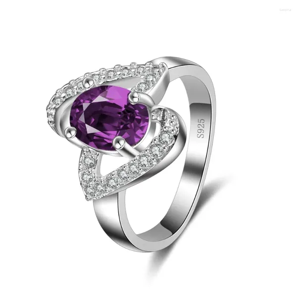 Fedi nuziali Elegante forma a farfalla ovale in cristallo viola intarsiato con strass Moda S925 Timbro in argento con ago da donna