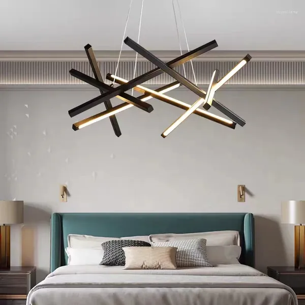 Lampade a sospensione Lampada da soffitto moderna con decorazione artistica nordica a LED Ramo in alluminio nero Linea di pesce Luce per soggiorno Ristorante Camera da letto