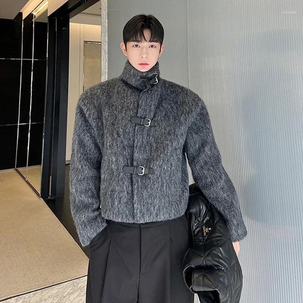 Мужские куртки 2023, шерстяное пальто, осень-зима, дизайн, утолщенная серая шерстяная ткань, кожаный воротник-стойка, короткая ветровка