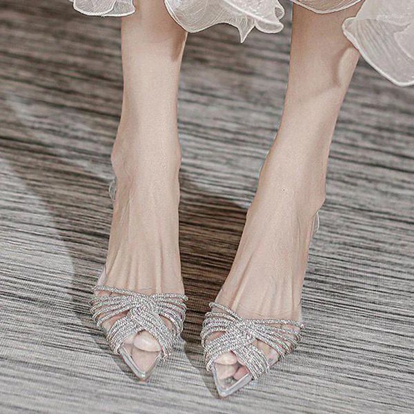 Sapatos de vestido marca de salto alto mulheres sandálias cristal strass noiva sapato de casamento sexy apontado transparente bombas femininas zapatos mujer
