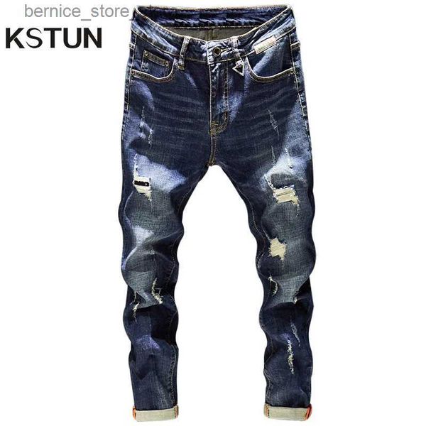 Jeans masculinos homens rasgados jeans slim fit azul escuro primavera outono destruído rasgado elegante moto biker jeans calças jeans homens hip hop streetwear q231212