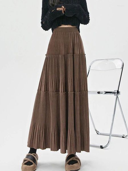 Юбки, винтажная длинная юбка, женская осень-зима, элегантная плиссированная бархатная женская корейская мода, однотонная, с высокой талией, тонкая
