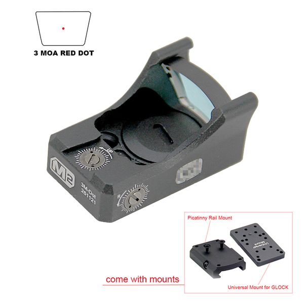 Tactical 3 MOA M2 Red Dot Sight Compact Holographic Reflex Sight Pistola Open-emissor Óptica Topless Riflescope de caça com montagem Picatinny e montagem universal