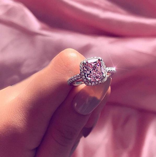 Impressionante jóias de luxo de alta qualidade 925 prata esterlina rosa safira cz diamante pedras preciosas festa da eternidade feminino anel de banda de casamento2933906