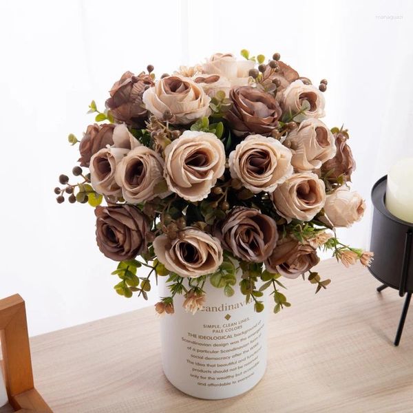 Fiori decorativi 30 cm Autunno Fiore artificiale Rose bianche Bouquet di seta Peonia Vaso Fai da te Sposa Matrimonio Casa Camera Decorazione natalizia Falso