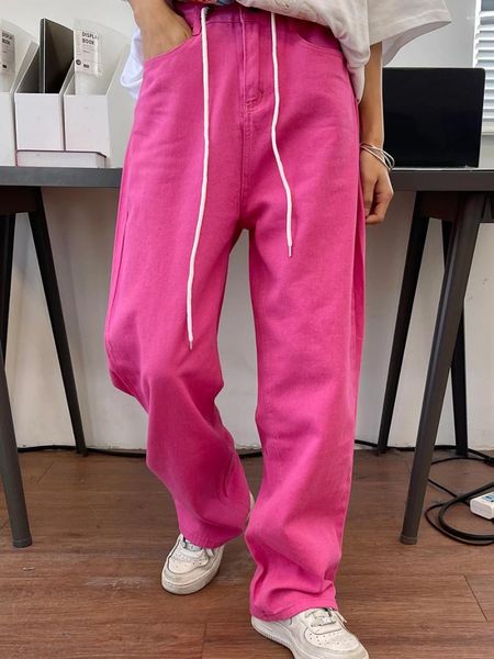 Jeans femininos rosa para mulheres na primavera 2023 encaixe solto bf americano street fashion casal perna reta