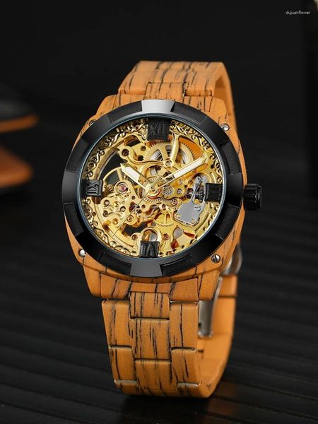 Armbanduhren Luxus Automatische Mechanische Uhr Für Männer Edelstahl Skeleton Reloj Männliche Holzmaserung Getriebe Uhr Mann Hombre Relogio