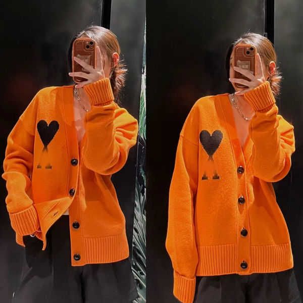 Женские свитера, кардиган с v-образным вырезом, оранжевый в сочетании со свитером с черным сердцем, шерстяной свободный свитер с длинными рукавами, вязаный свитер в ленивом стиле для мужчин и женщин