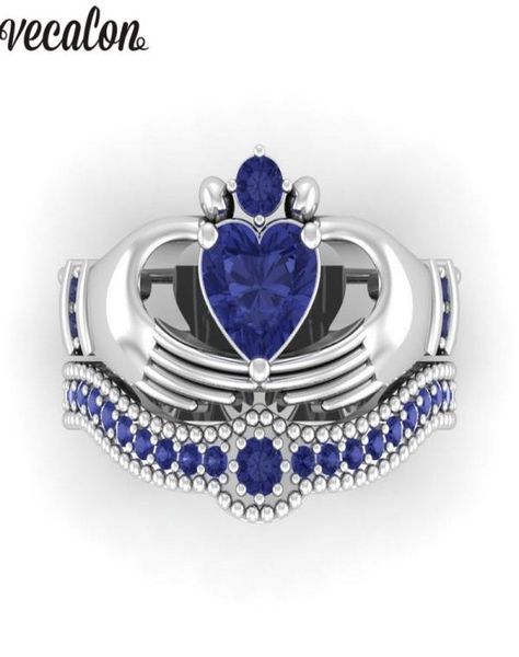 Vecalon Lovers Blue Birthstone claddagh anel 5A Zircon Cz Branco ouro cheio de noivado conjunto de aliança de casamento para mulheres homens Gift5227042