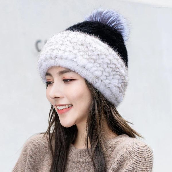 Береты, осенне-зимняя вязаная шапка из норки для женщин, кожаная соломенная детская толстая шапка для волос, теплая защита ушей для катания на лыжах