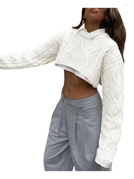 Suéteres femininos Mulheres Crewneck Pescoço Cropped Sweater Manga Longa Down Chunky Cable Knit Oversized Pulôver Jumper Y2K Crop Tops