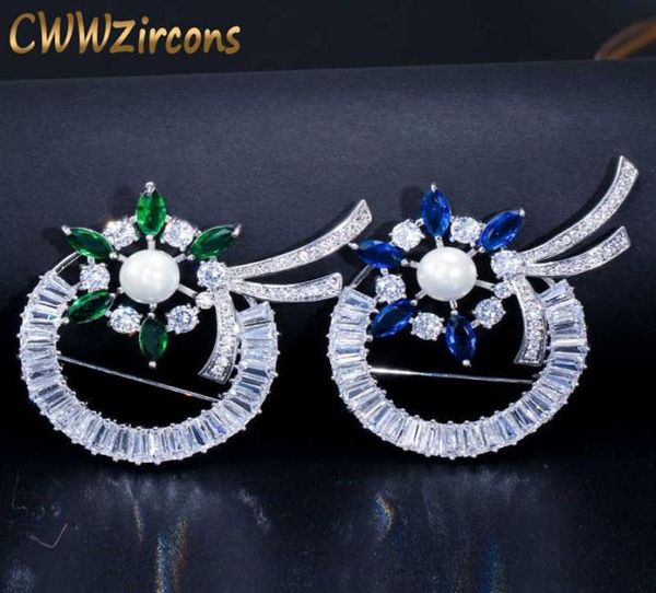 Brilhante verde e azul zircônia cúbica pavimentada mulheres grandes lindas broches de flores alfinetes joias com pérola BH005 210714320M7158081