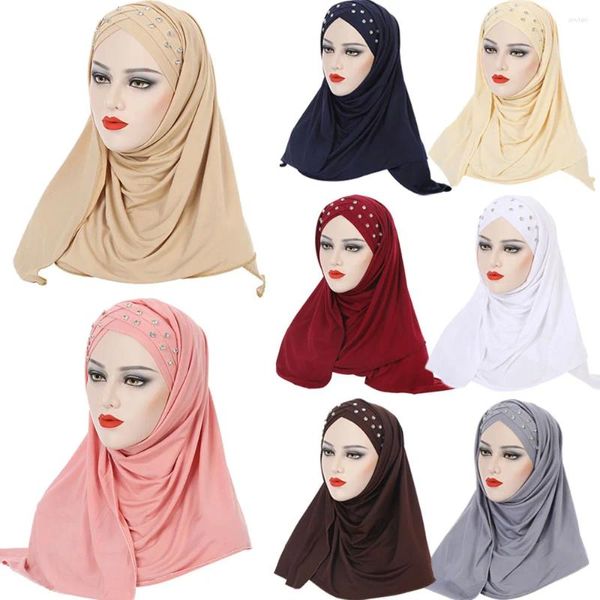 Ethnische Kleidung Stirn Kreuz Haar Wickelschal Einfarbig Glitzer Strass Jersey Hijabs Muslim Stirnband Frauen Turban Mütze Kopftuch 2023