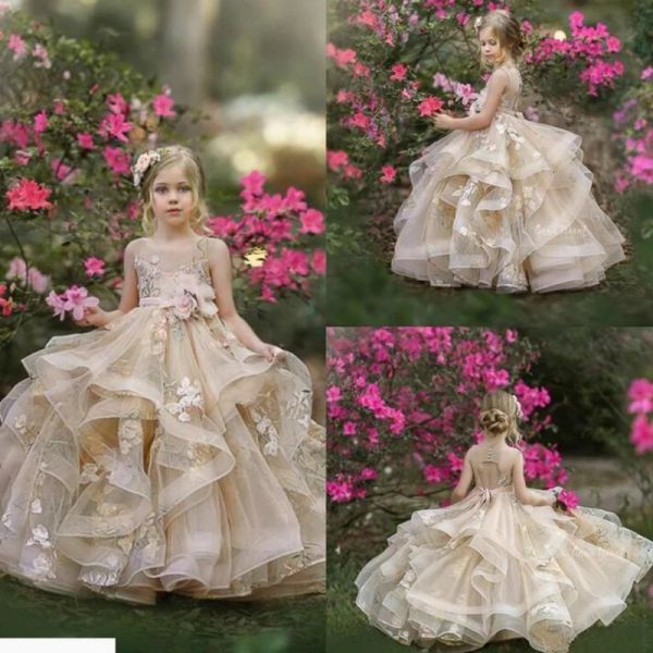 Luxo longo champanhe flor menina vestidos jóia pescoço tule com apliques de renda sem mangas sem costas vestido de baile até o chão feito sob encomenda para festa de casamento