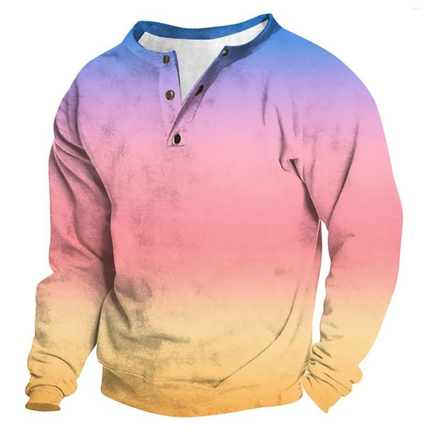 Moletom com capuz masculino outono/inverno cor sólida pulôver ao ar livre vintage com decote em v botão manga longa moda esportes camiseta