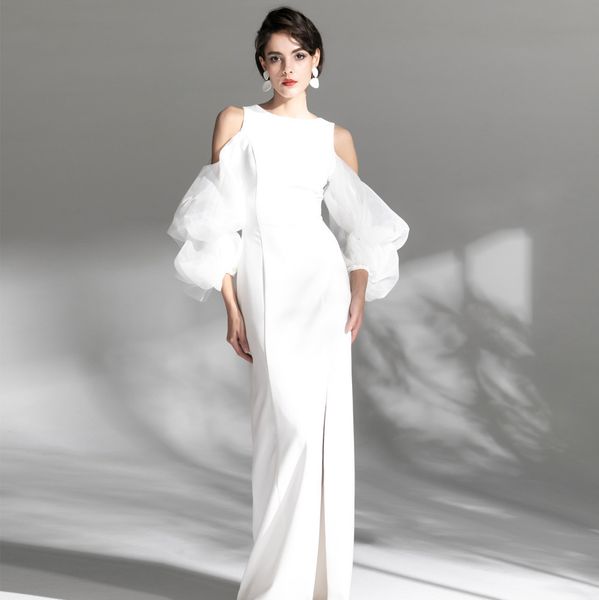 2024 Elegante abito da sposa al largo della spalla morbido raso lunghezza del pavimento colonna sposa abiti da festa donne fessura abiti da sposa abiti abiti da noiva