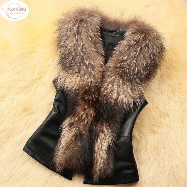 Gilet sintetico da donna in pelliccia con colletto in procione Gilet/giacche Cappotto invernale in PU lavorato a maglia Rex