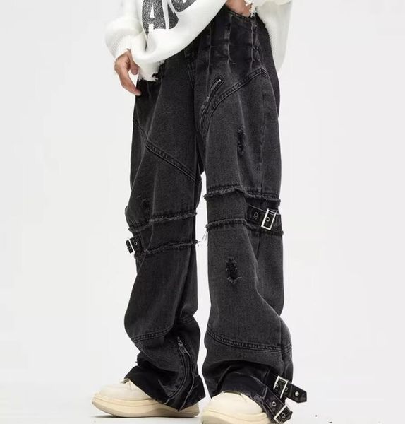 Nuovi Jeans da uomo Y2K Streetwear Pantaloni cargo impilati strappati larghi neri Abbigliamento uomo Pantaloni in denim dritti punk