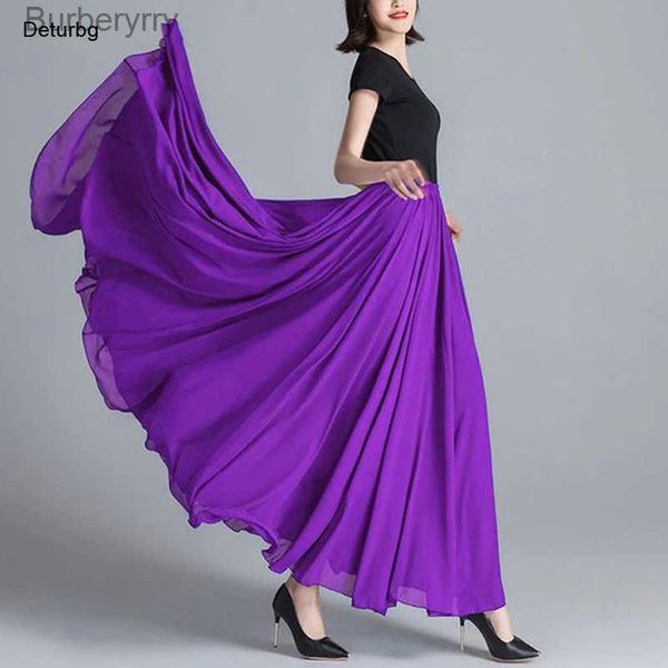 Saias femininas elegantes bainha grande flowy maxi saia fe cintura alta 3 camadas chiffon dança praia a linha saias saias 2021 outono sk840l231212