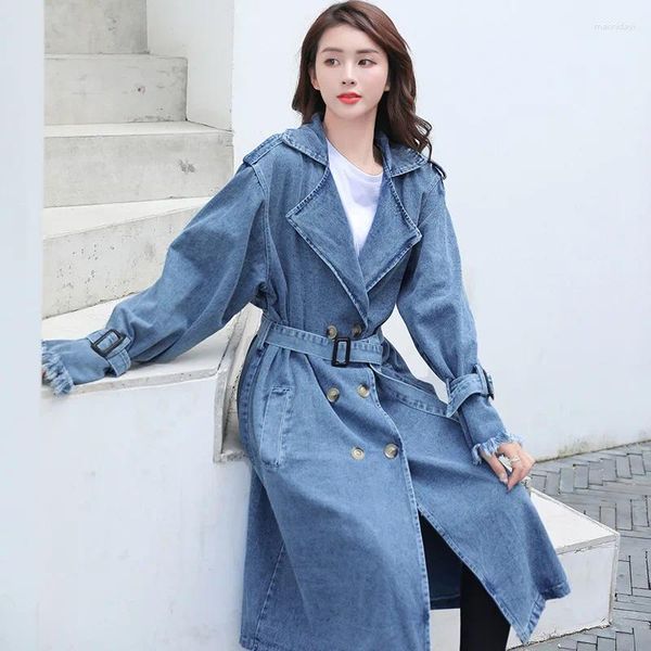 Trench da donna VANOVICH Cintura ampia oversize in vita Cappotto lungo in denim doppiopetto Tinta unita da donna Colletto rovesciato Casual