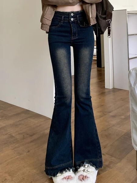 Calças de brim femininas retro engrossado elástico denim fino ajuste calças flare 2023 inverno roupas de moda coreana