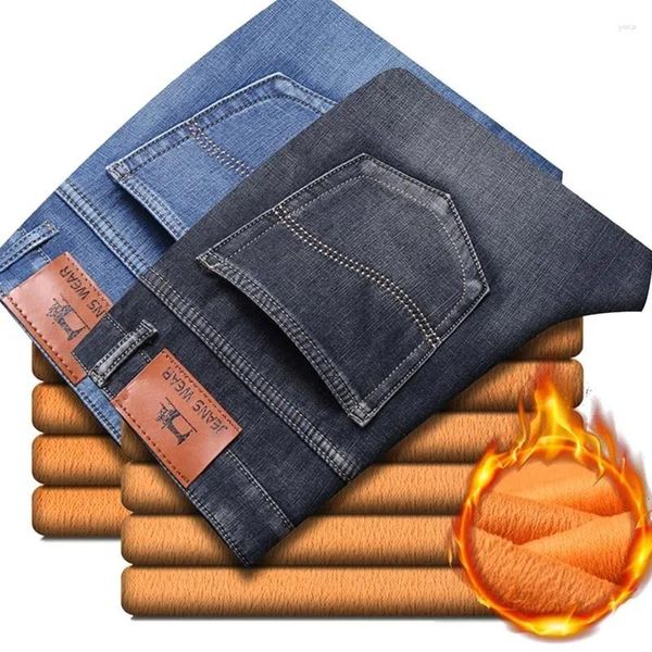 Jeans da uomo in pile invernale ispessito da lavoro dritto casual pantaloni di jeans elastici termici più pantaloni caldi in velluto