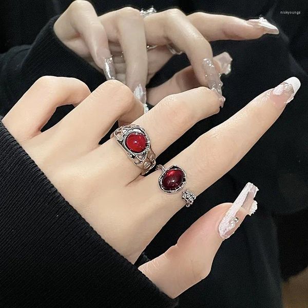 Cluster Ringe Unregelmäßiger Stein Y2K Ästhetischer Tierroter Ring für Frauen Mädchen Vintage Blumenknospe Offener Schmuck Zubehör