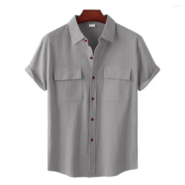 Camicie casual da uomo Abbigliamento in lino a maniche corte da uomo 2023 Camicetta estiva rossa kaki Vintage Harajuku Top Camicia tascabile con supporto maschile